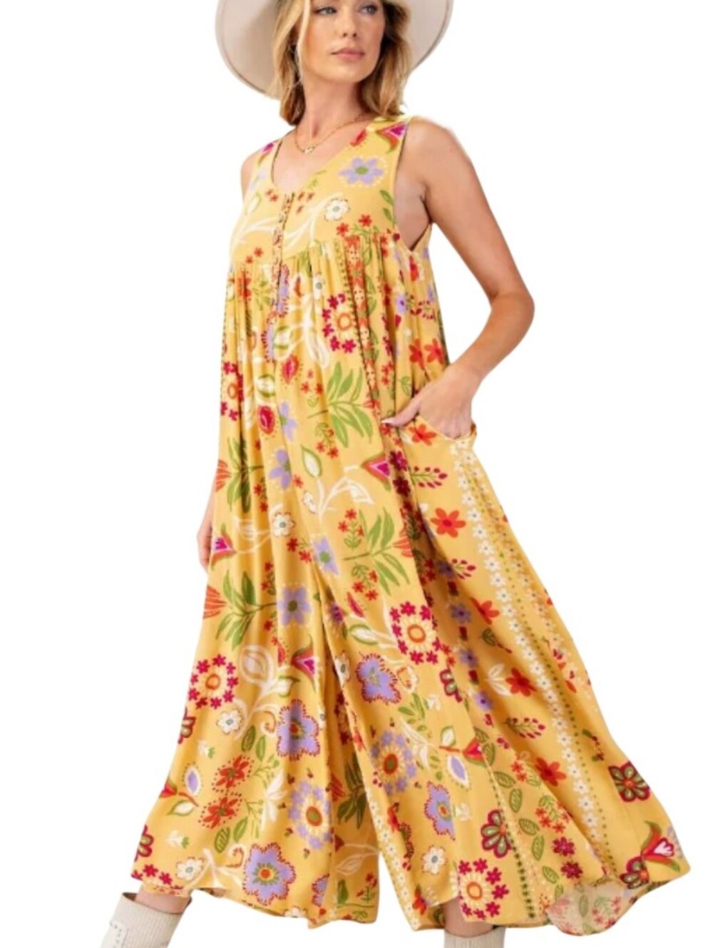 Easel Floral Boho Maxi Romper Mustard Yellow Jumpsuit Wide Leg Large